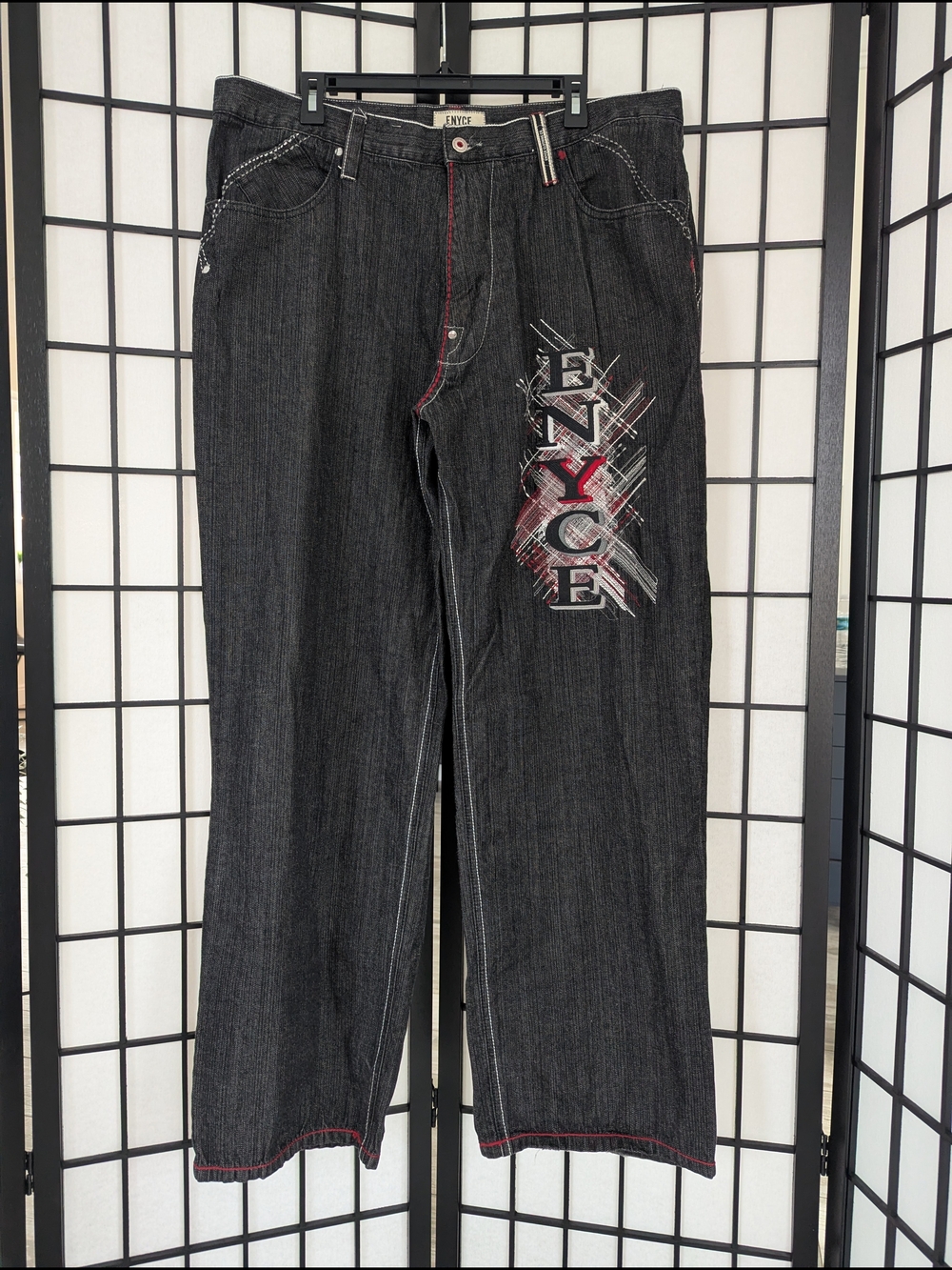 Vintage Y2K Enyce Black Baggy Scribble Embroidered Jeans 38x32
